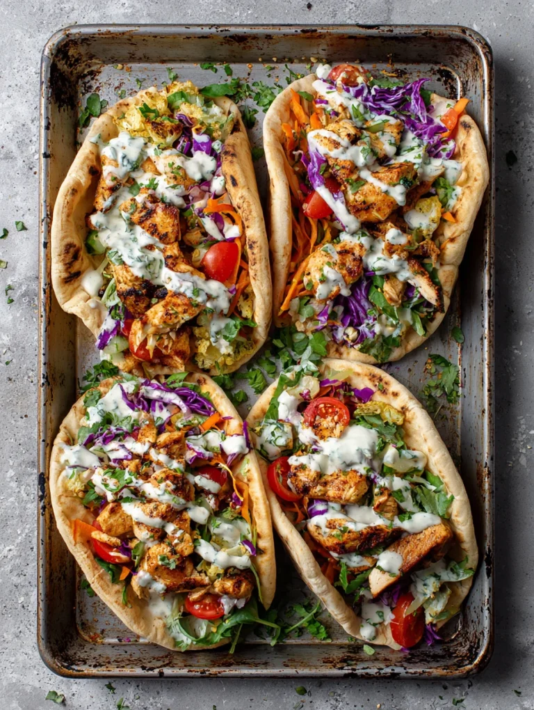 Sheet pan chicken pitas with grilled chicken, vegetables, and creamy sauce