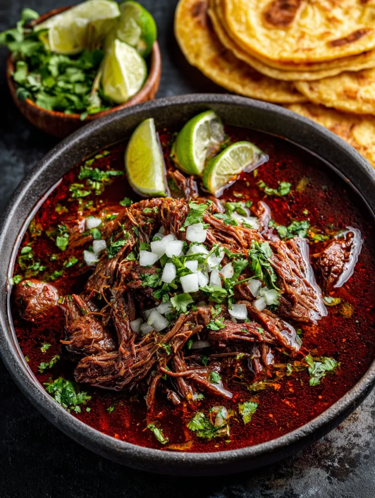 Slow cooker birria with shredded beef in rich red consommé, topped with onions and cilantro, served with lime wedges and tortillas