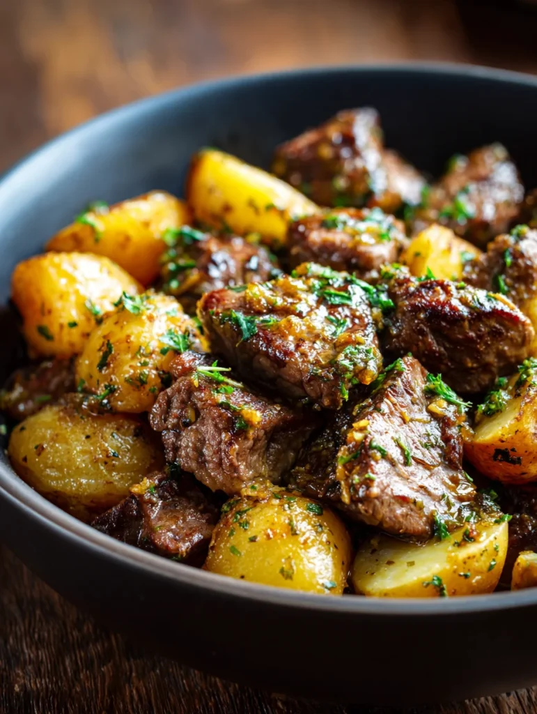 Slow cooker garlic butter beef bites with potatoes garnished with fresh herbs