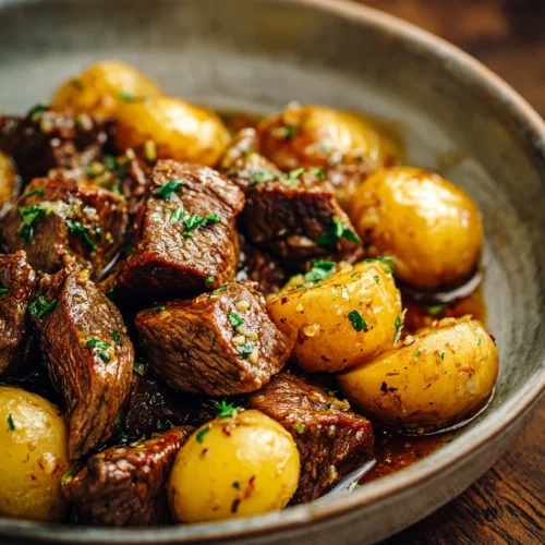 Slow cooker garlic butter beef bites with tender baby potatoes in a savory herb sauce