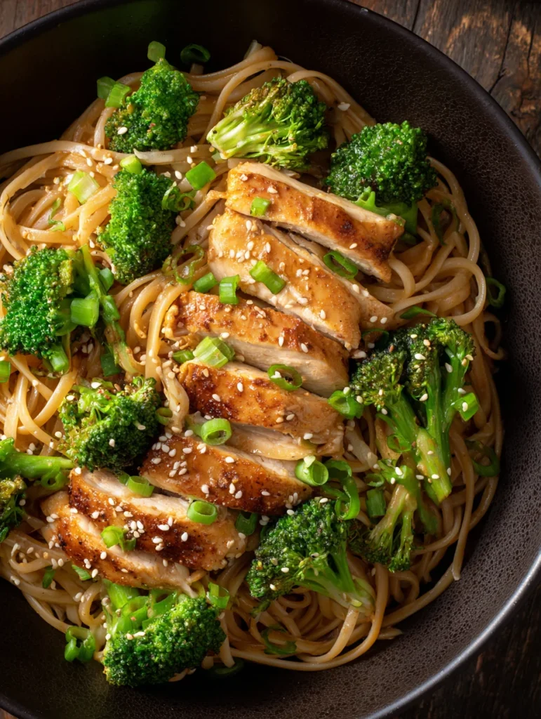 Spicy garlic chicken and broccoli noodle bowl with sesame seeds and scallions