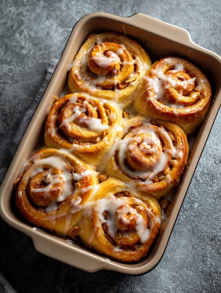 Apple cheesecake buns with glaze baked in a rectangular dish.