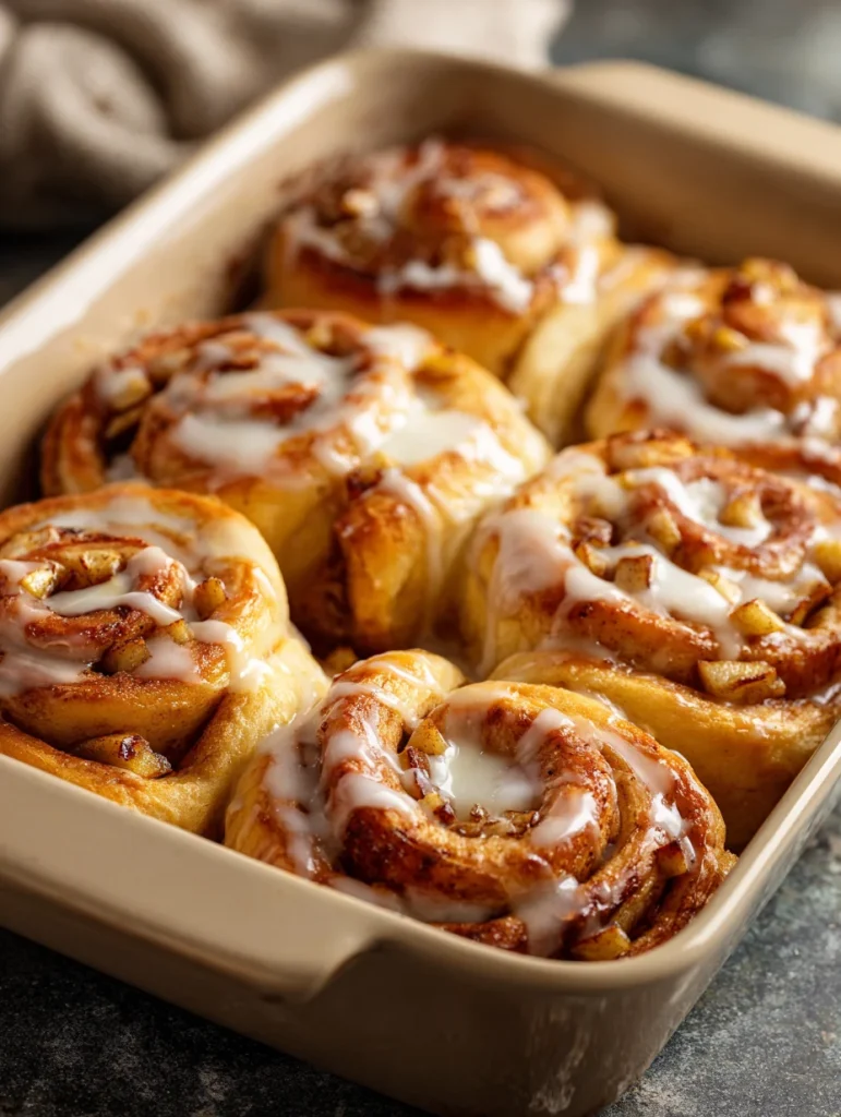 Apple cheesecake buns with cinnamon apples and glaze in a baking dish.
