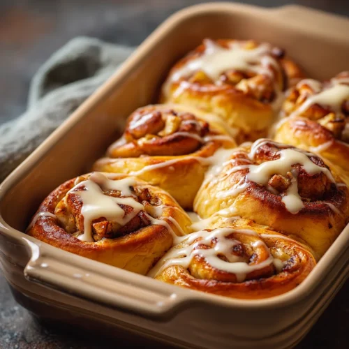 Apple cheesecake buns with cinnamon apple filling and glaze in a baking dish.