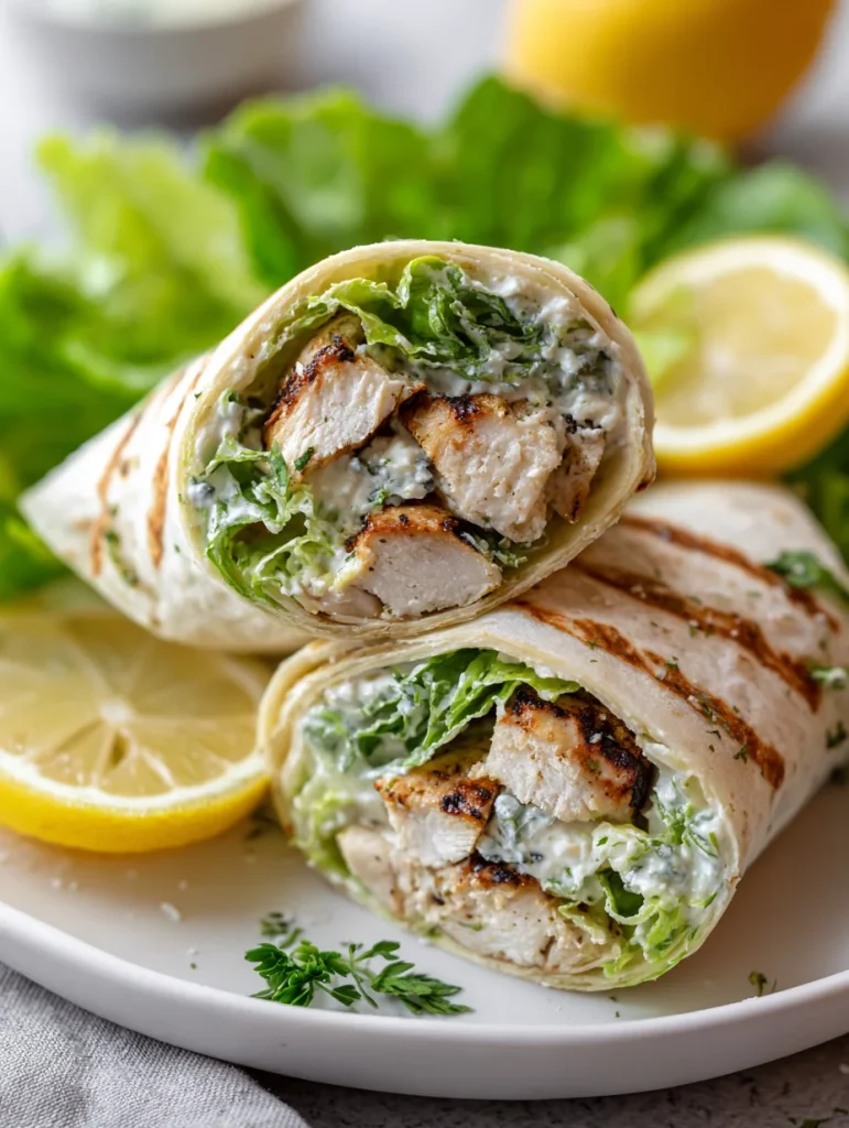 Chicken Caesar wrap with grilled chicken, romaine lettuce, and creamy Caesar sauce.