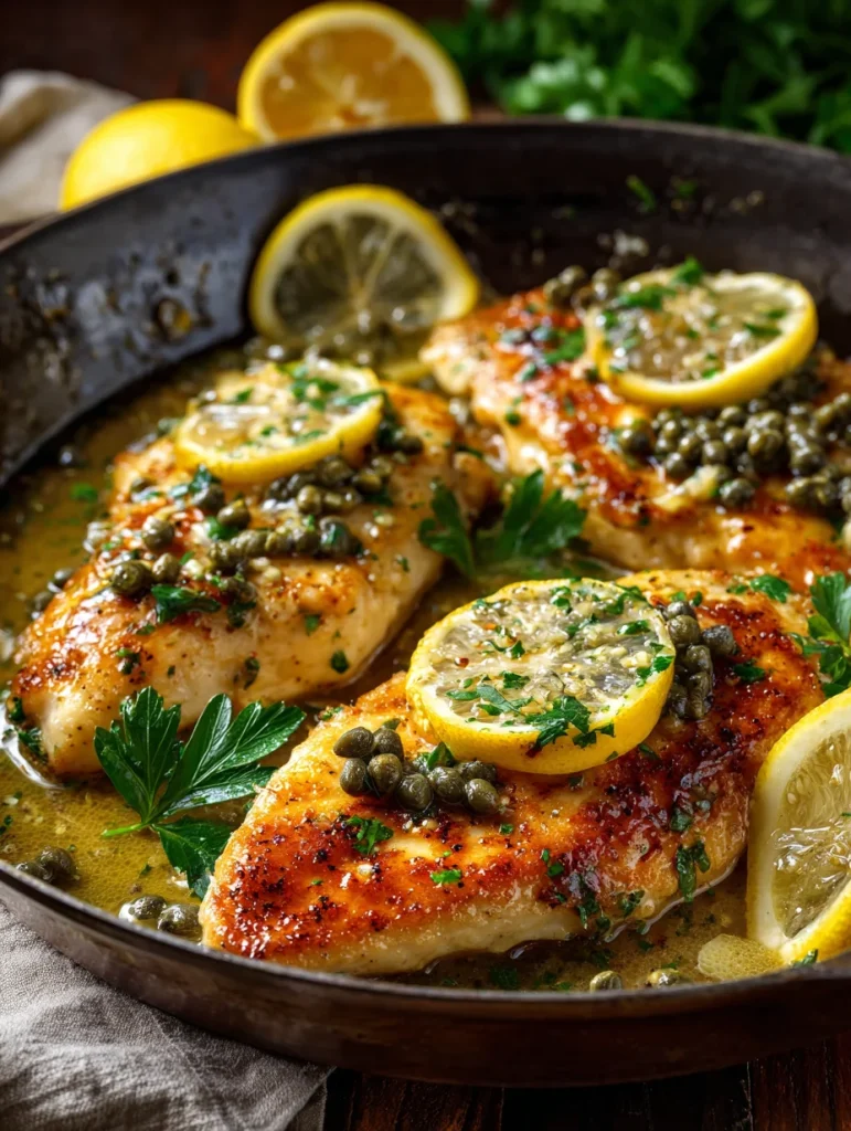 Easy chicken piccata with lemon slices, capers, and parsley in skillet.