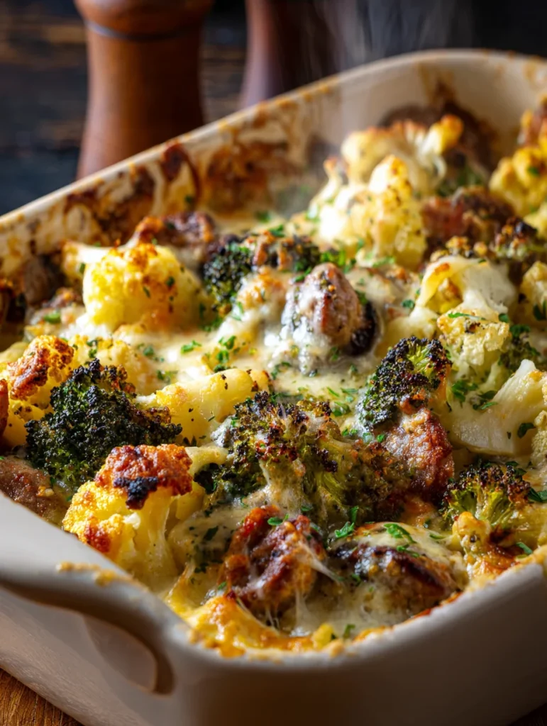 Keto broccoli and cauliflower au gratin with sausage baked in a creamy cheese sauce with golden roasted vegetables in a casserole dish.
