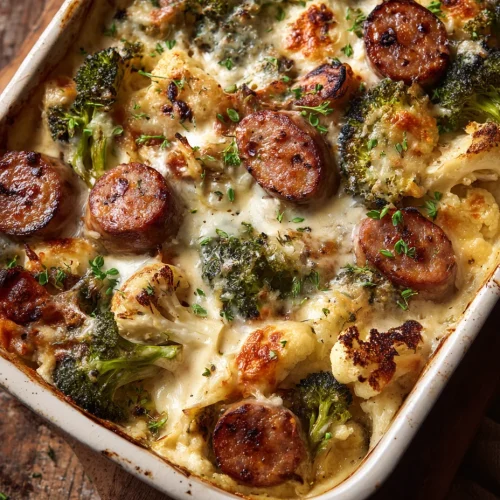 Keto broccoli and cauliflower au gratin with sausage baked in a creamy cheese sauce with browned sausage slices and roasted vegetables.