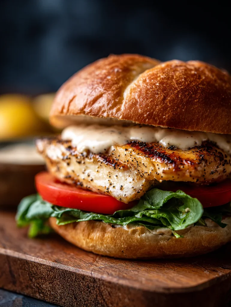 Lemon pepper chicken sandwich with grilled chicken, tomato, lettuce, and creamy sauce on brioche bun.