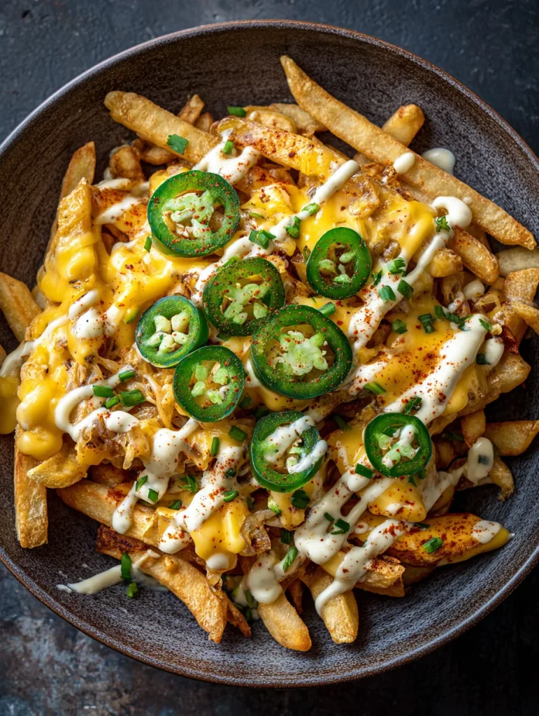 Loaded Louisiana voodoo fries topped with melted cheese, jalapeños, and creamy Cajun sauce.