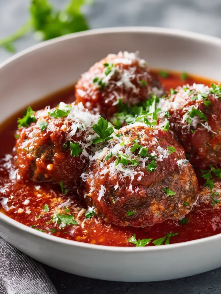 Ricotta meatballs in rich tomato sauce topped with grated parmesan and fresh herbs.