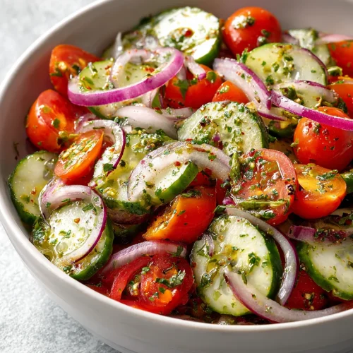 Cucumber tomato salad with red onion and herb vinaigrette