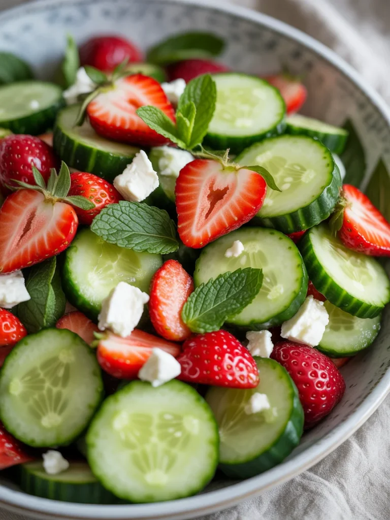 Cucumber strawberry salad with feta cheese and fresh mint in a bowl