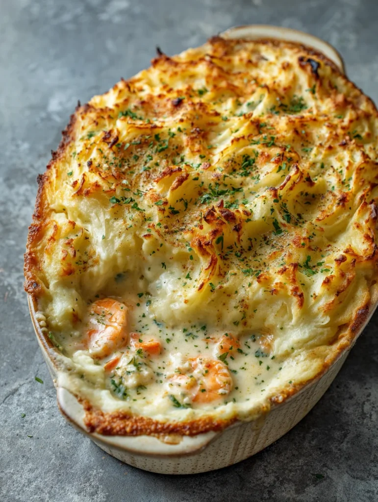 French fish pie with creamy seafood filling and golden mashed potato topping in a baking dish.