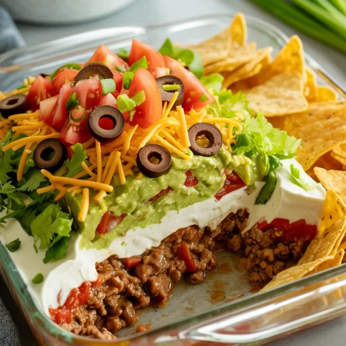 Layered taco dip with guacamole, ground beef, cheese, and tortilla chips in glass dish