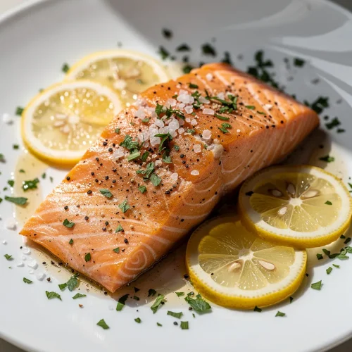 Lemon and pepper salmon with coarse salt, parsley, and lemon slices on a white plate