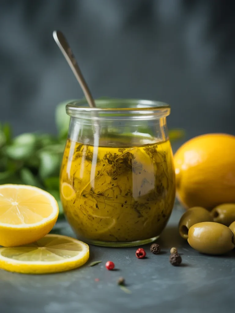 Lemon olive oil dressing in jar with herbs, lemon slices, and olives