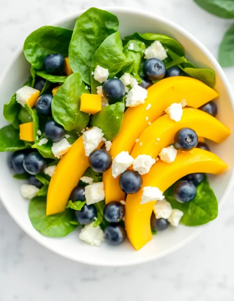 Mango spinach salad with blueberries and crumbled feta cheese
