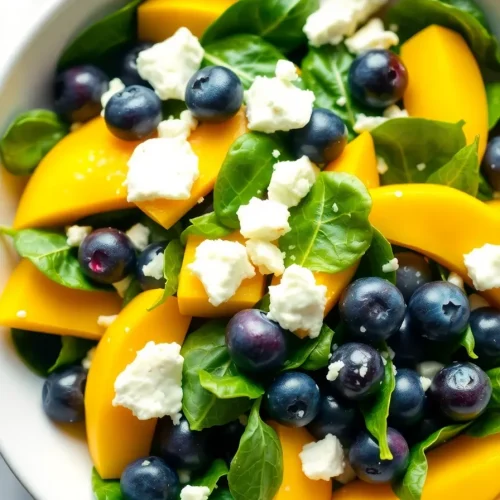Mango spinach salad with blueberries and feta in a bowl