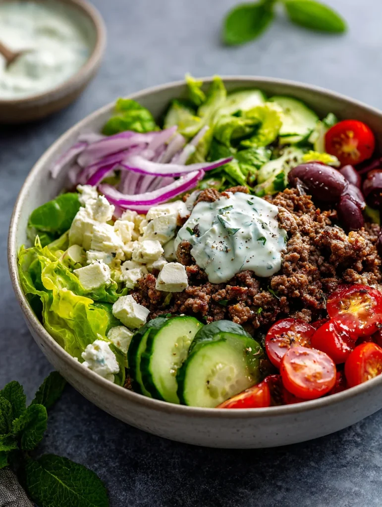Mediterranean burger bowl with ground beef, cucumbers, cherry tomatoes, feta, olives, and tzatziki sauce.