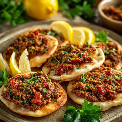 Mini lahmacun flatbreads with spiced ground meat, herbs, and lemon slices on a serving plate