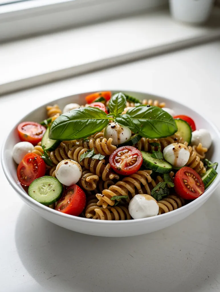 Balsamic pasta salad with mozzarella, cucumbers, cherry tomatoes, and fresh basil
