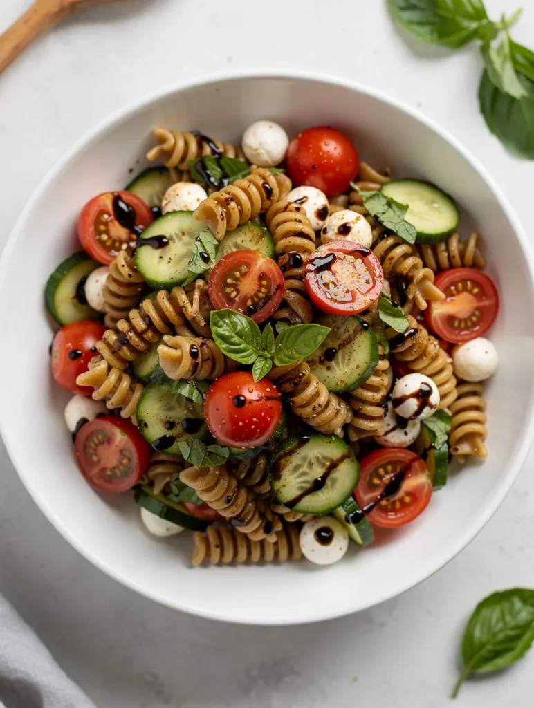 Balsamic pasta salad with rotini, cherry tomatoes, cucumber, mozzarella, and basil
