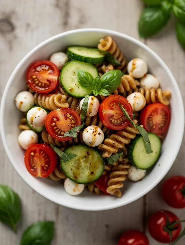 Balsamic pasta salad with cherry tomatoes, mozzarella pearls, cucumber, and basil