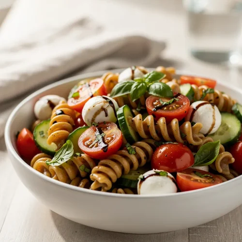 Balsamic pasta salad with rotini pasta, mozzarella pearls, cucumber, and cherry tomatoes