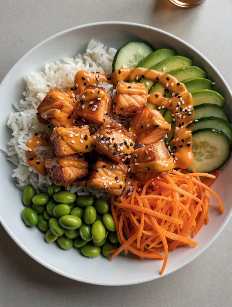 Bang bang salmon bowl with crispy salmon bites, rice, avocado, cucumber, edamame, and shredded carrots.