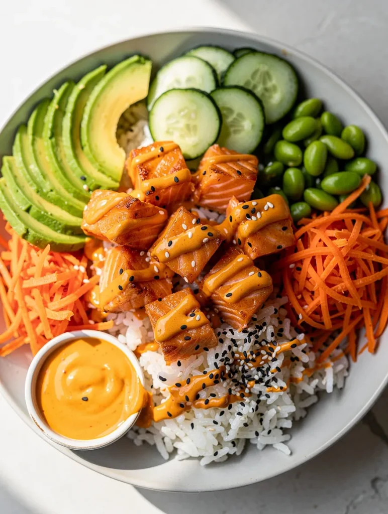 Bang bang salmon bowl with spicy salmon bites, avocado, cucumber, edamame, carrots, rice, and creamy sauce.