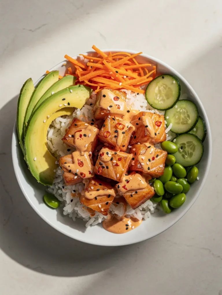 Bang bang salmon bowl with rice, avocado, cucumber, edamame, carrots, and spicy creamy sauce.