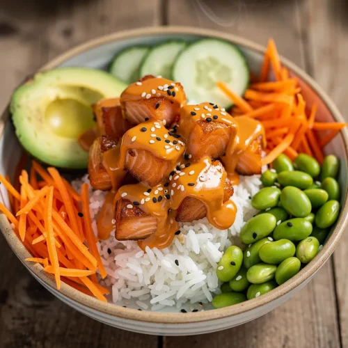 Bang bang salmon bowl with crispy salmon bites, rice, avocado, cucumber, edamame, carrots, and spicy sauce.