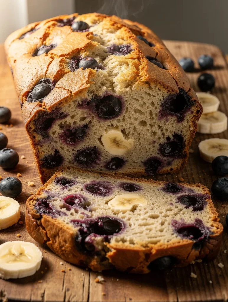 Close-up sliced blueberry banana bread with fresh blueberries and banana pieces