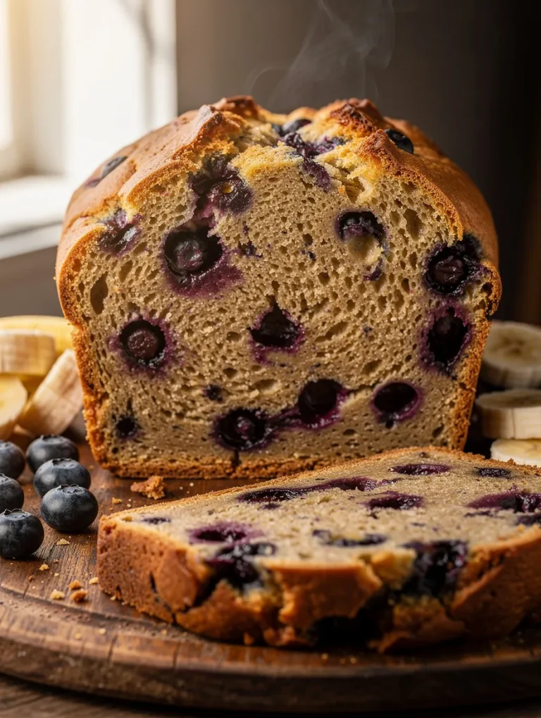 Sliced blueberry banana bread loaf with fresh blueberries and banana slices