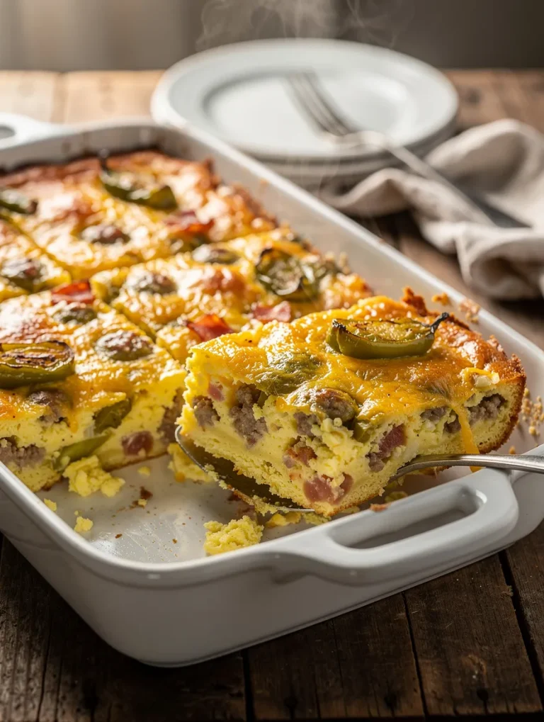 Breakfast green chili casserole baked with eggs, sausage, cheese, bacon, and sliced jalapeños in a white casserole dish.