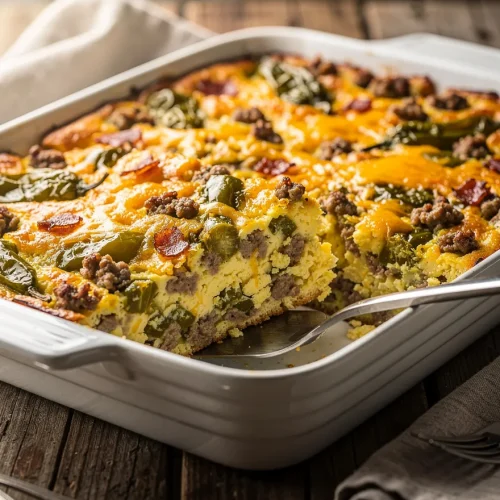 Cheesy breakfast green chili casserole with sausage and roasted green chilies baked in a white casserole dish.