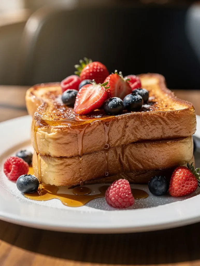 Brioche French toast stacked with berries and maple syrup