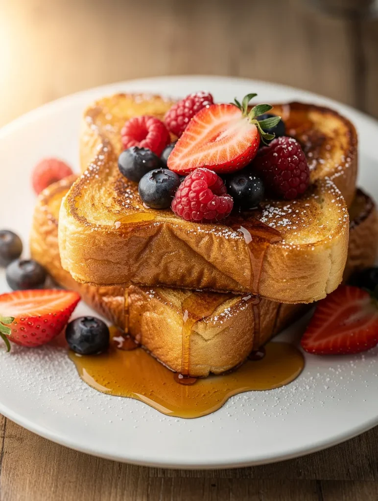 Brioche French toast with strawberries, blueberries, raspberries, and maple syrup