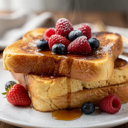 Brioche French toast stack with berries and maple syrup drizzle