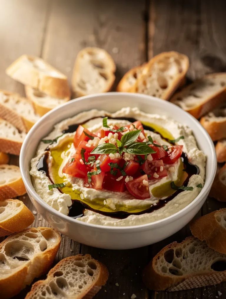 Bruschetta dip topped with tomatoes, basil, olive oil, and balsamic glaze served with toasted bread slices