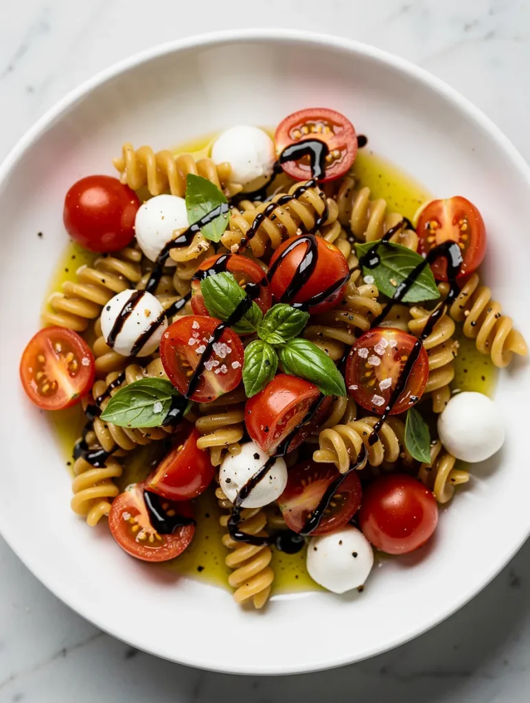 Bruschetta pasta salad with mozzarella, cherry tomatoes, basil, and balsamic drizzle