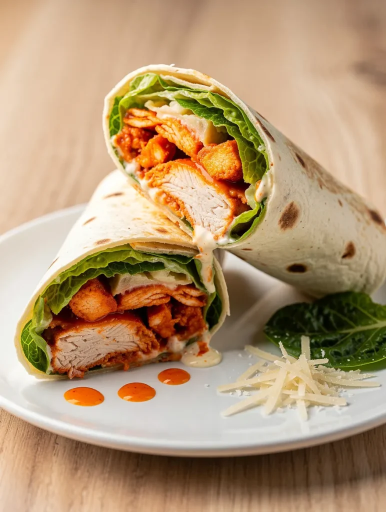 Buffalo Chicken Caesar Wrap sliced in half with crispy romaine lettuce, buffalo chicken, Parmesan cheese, and creamy Caesar dressing in a soft flour tortilla.