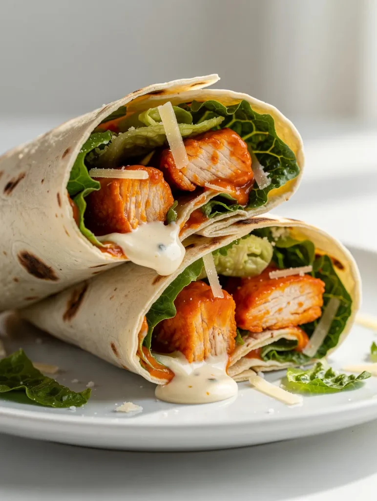 Buffalo Chicken Caesar Wrap halves stacked on a plate with buffalo chicken, romaine lettuce, Parmesan cheese, and creamy Caesar dressing.
