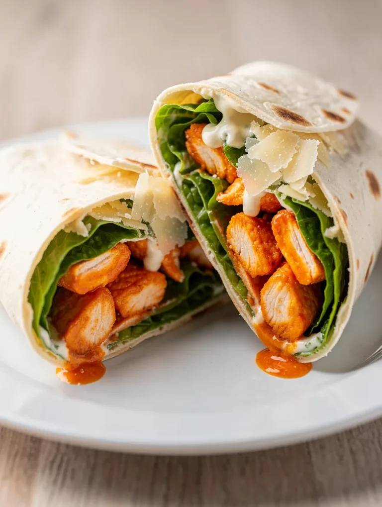 Buffalo Chicken Caesar Wrap cut in half and filled with spicy buffalo chicken, crisp romaine lettuce, shaved Parmesan cheese, and creamy Caesar dressing.