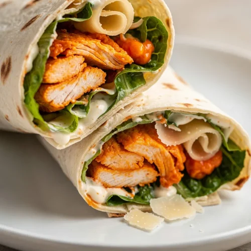 Buffalo Chicken Caesar Wrap with spicy buffalo chicken, romaine lettuce, Parmesan cheese curls, and creamy Caesar dressing in a flour tortilla.