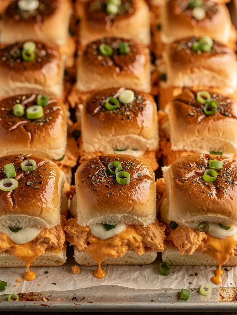 Buffalo chicken dip sliders on a baking tray with melted cheese and green onions