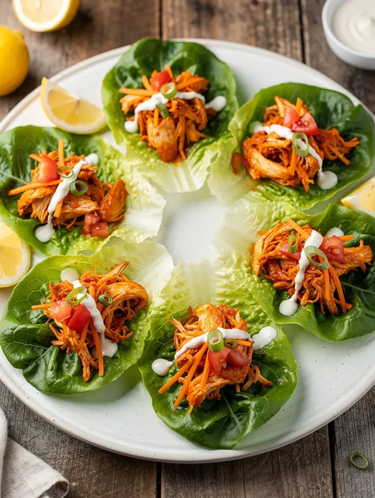 Buffalo Chicken Lettuce Wraps made with shredded buffalo chicken, carrots, tomatoes, green onions, and creamy dressing served in crisp lettuce cups.