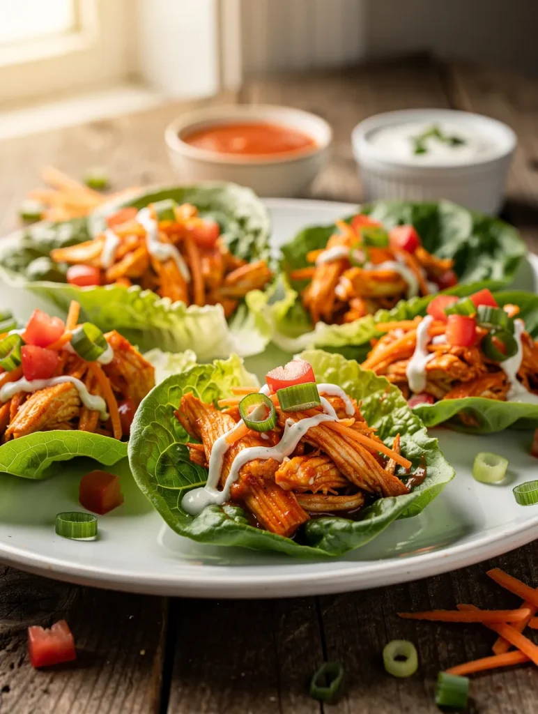 Buffalo Chicken Lettuce Wraps topped with shredded buffalo chicken, carrots, tomatoes, green onions, and creamy dressing in fresh lettuce cups.