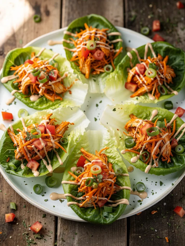 Buffalo Chicken Lettuce Wraps served in crisp lettuce cups and topped with shredded carrots, diced tomatoes, green onions, and creamy buffalo sauce drizzle.